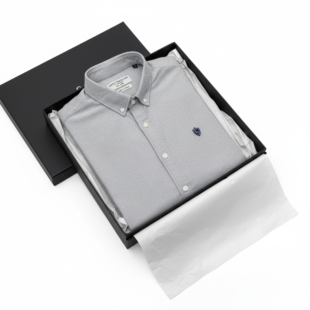 LC Shield Short Sleeve Oxford Shirt in Silver Grey – Luxury Unboxing Shot