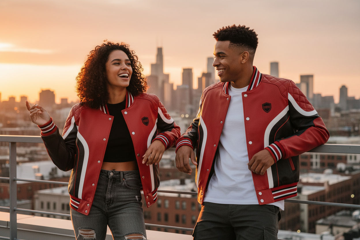 Group lifestyle shot with models in varsity racing jackets