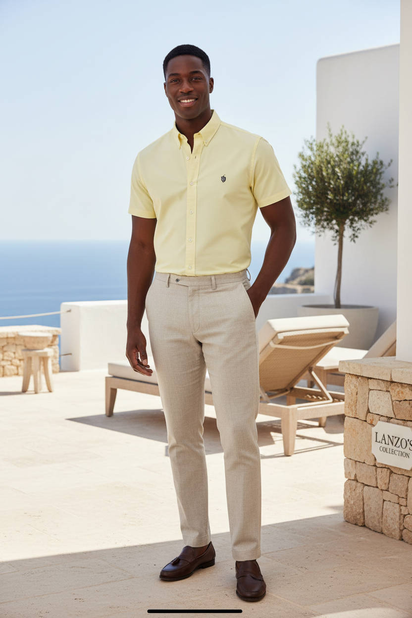 LC Shield Short Sleeve Oxford Shirt in Yellow – Lifestyle Campaign Shot