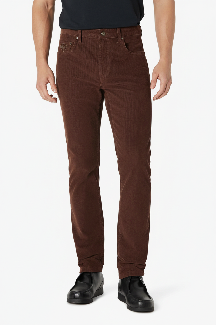 LANZO'S COLLECTION Dark Brown Slim Fit Corduroy Pants with subtle shield logo