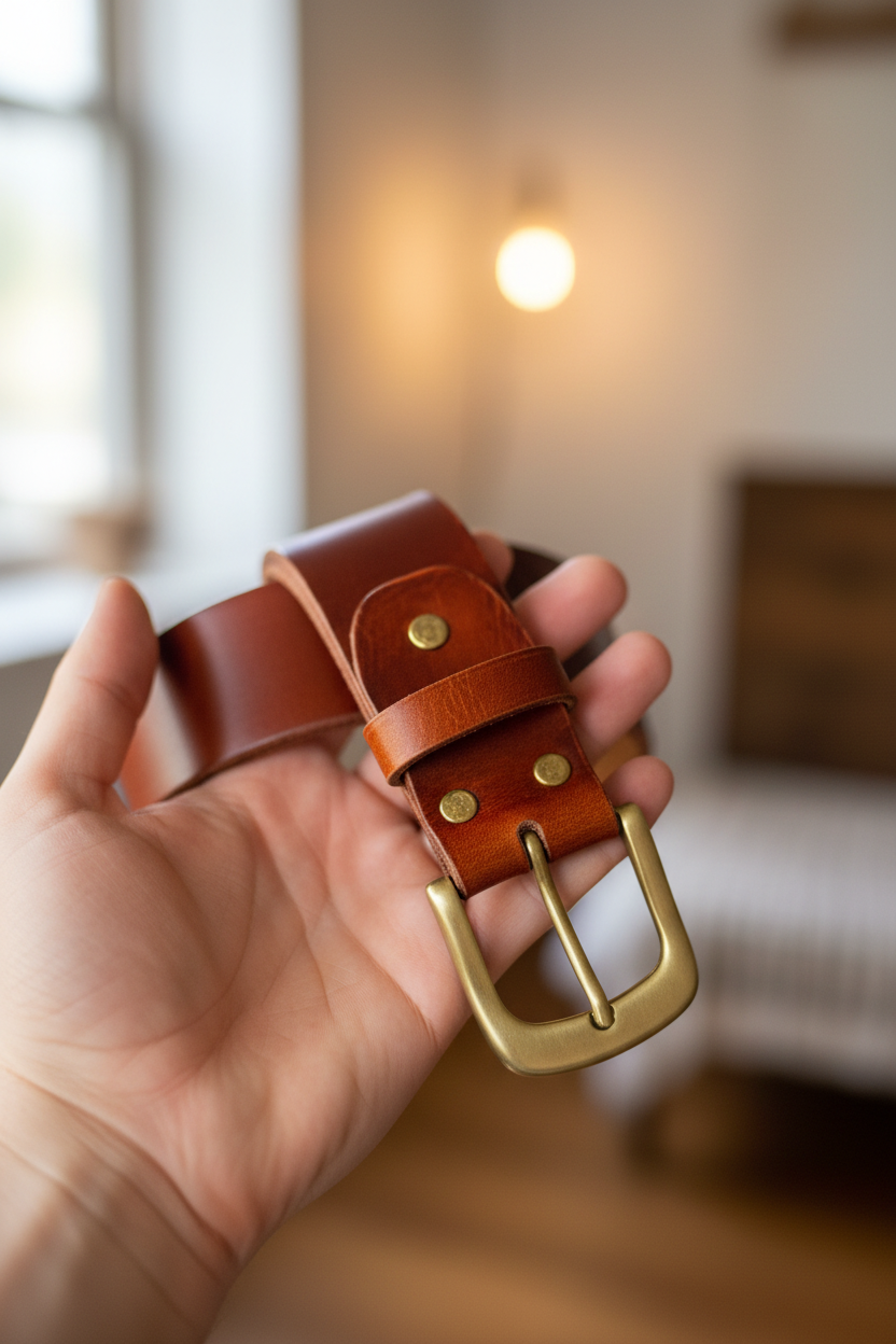Premium tan leather belt with brass buckle held in hand