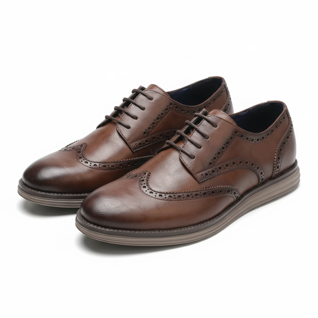 Premium brown leather wingtip brogue oxford shoes on white background