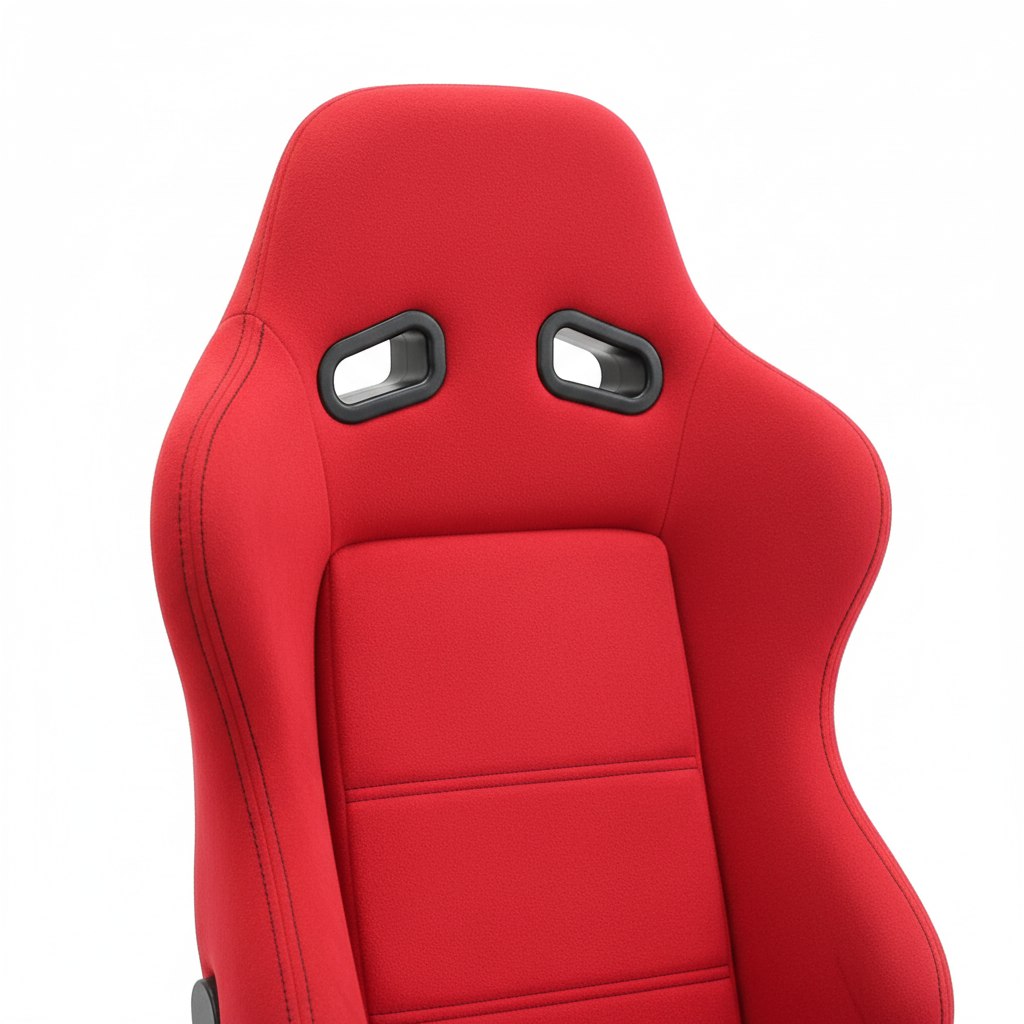 Close-up detail of red racing bucket seat fabric texture and harness slot