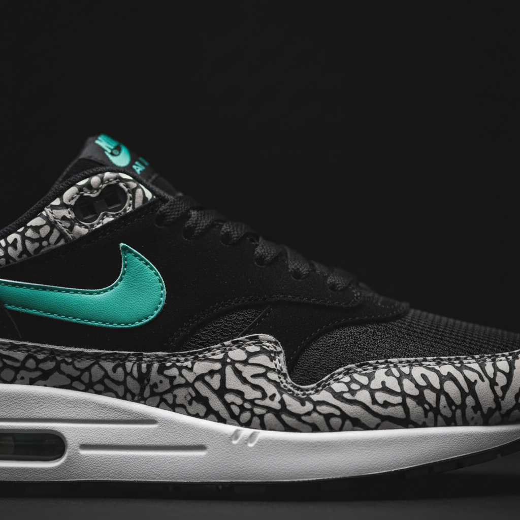 Close-up of Atmos x Nike Air Max 1 Elephant print mudguard and jade swoosh
