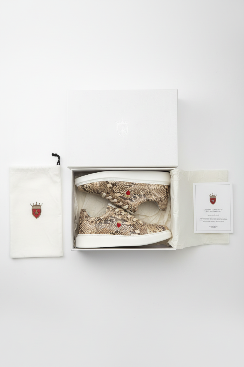 Neutral Beige Snake Material Sneaker - Complete Unboxing Package