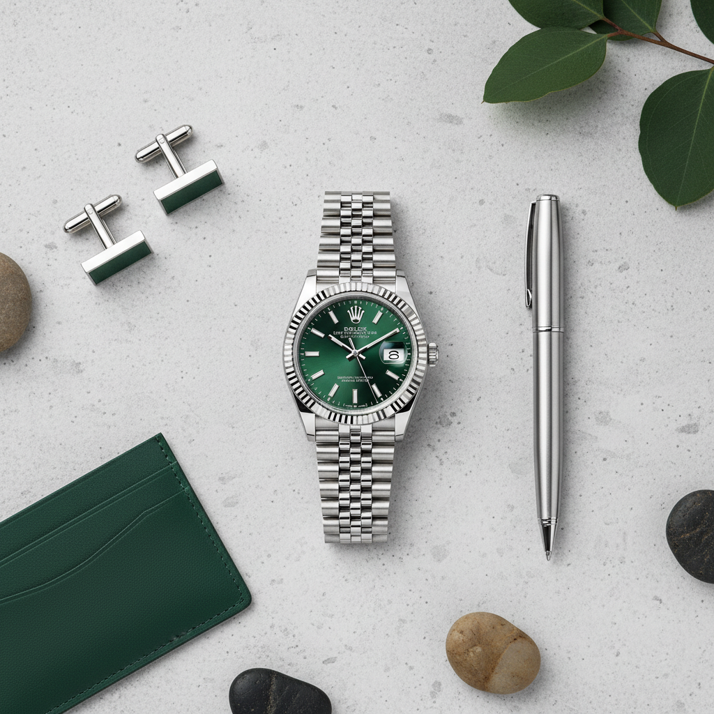 Luxury Watch Green Dial - Social Media Flat Lay