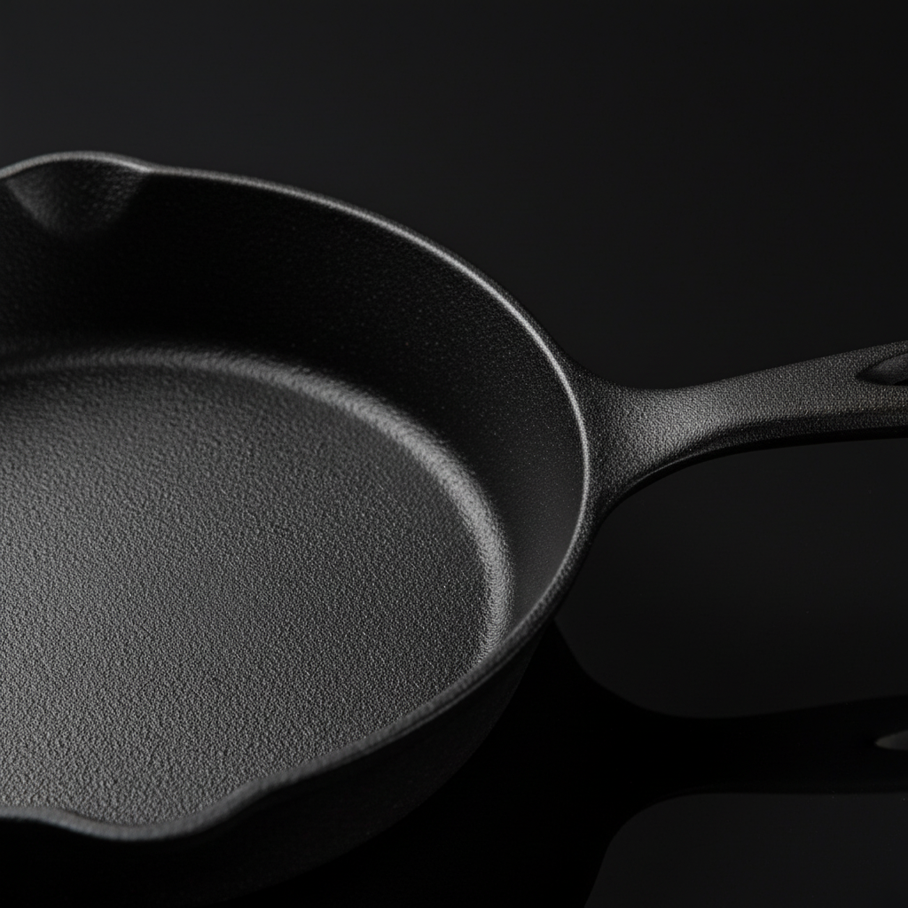 Close-up of pre-seasoned cast iron skillet surface texture and handle detail