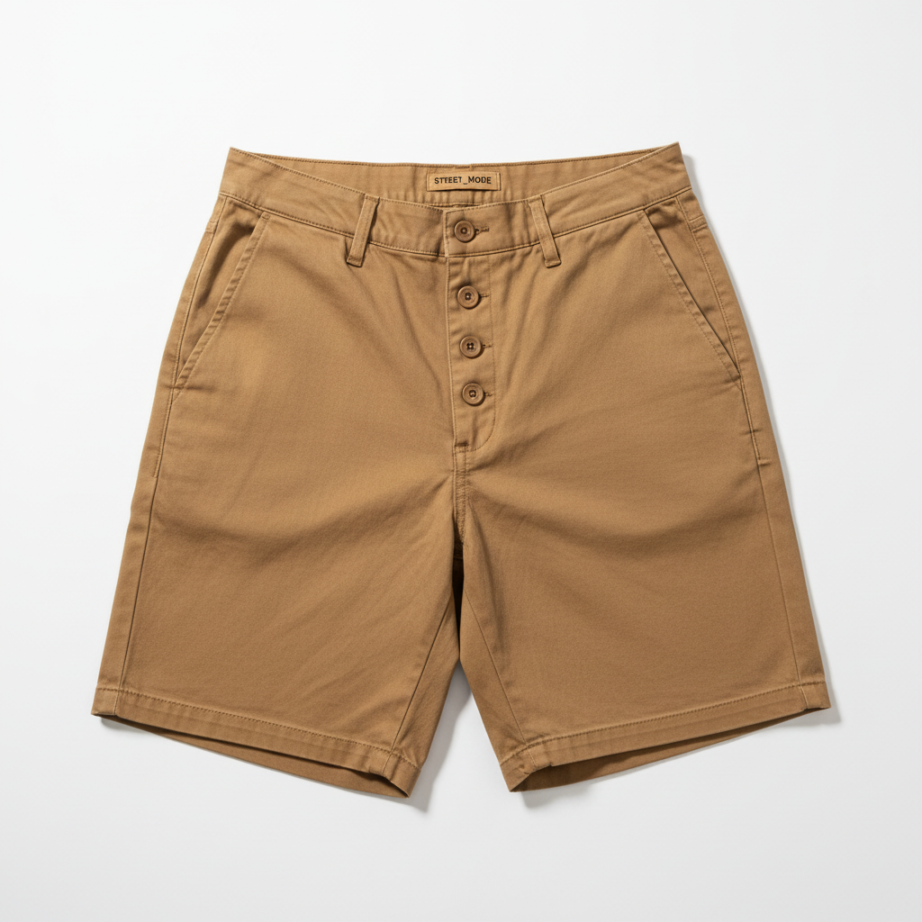 Men's khaki tan casual stretch chino shorts flat lay