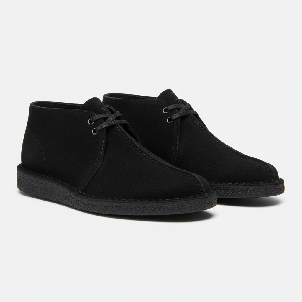 Clarks Desert Trek Black Suede — side profile studio shot