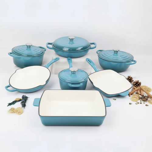 Teal cast iron enamel 7-piece cookware set on white background