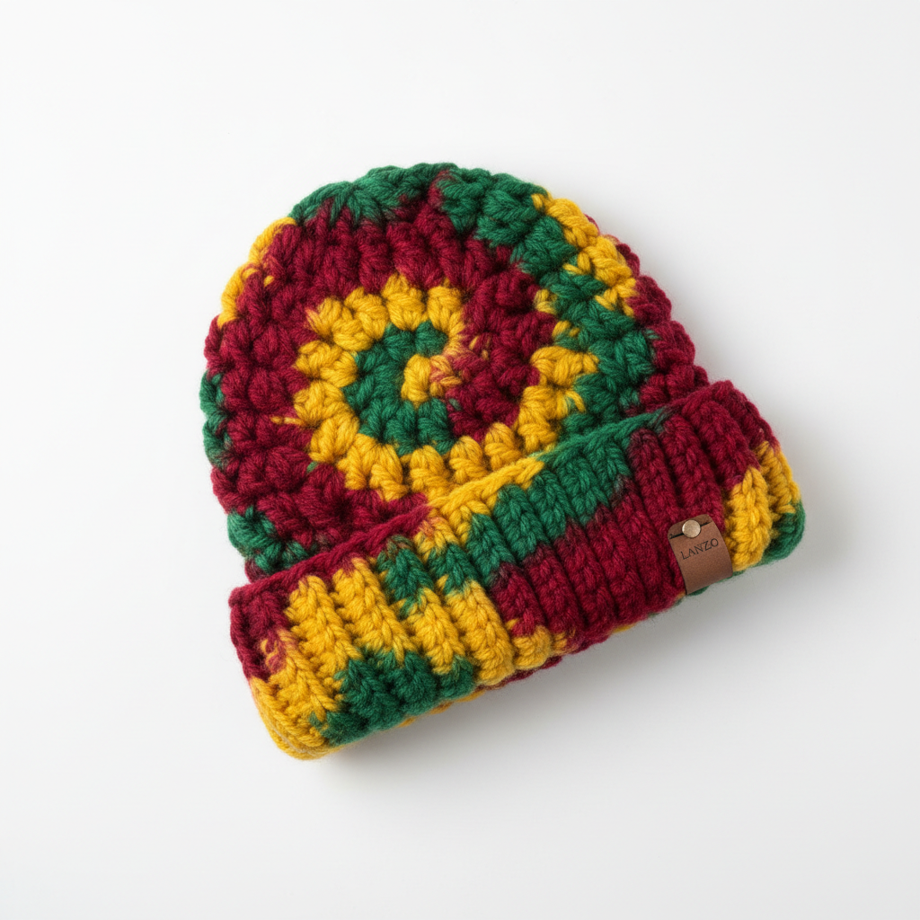 LANZO Handmade Crochet Beanie - Red Gold Green Tie-Dye