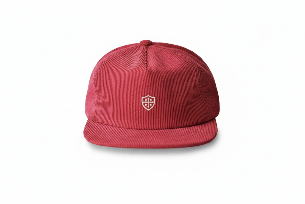LANZO'S COLLECTION LC Shield Corduroy Cap in Crimson - promotional image