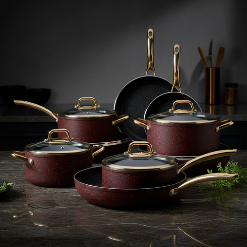 Red Granite Cookware Set on dark marble - luxury lifestyle