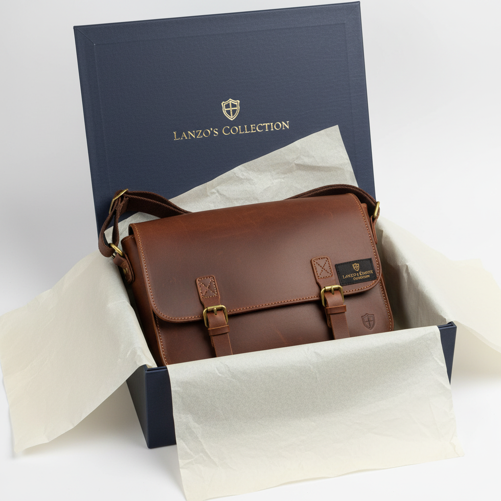 Brown Leather Messenger Bag - Premium Packaging