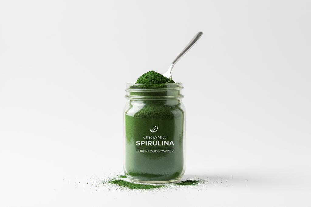 Organic Spirulina Powder in Mason Jar with Spoon