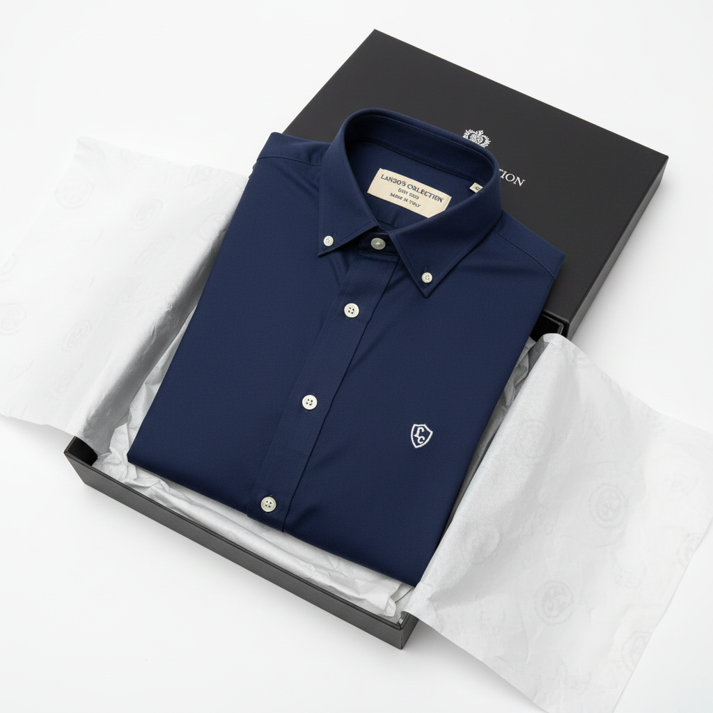 LC Shield Short Sleeve Oxford Shirt in Navy Blue – Luxury Unboxing Shot