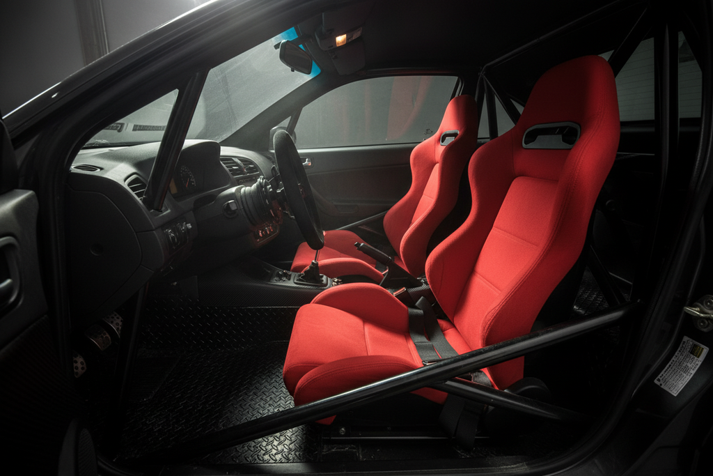 Red racing bucket seats installed in performance car interior cockpit