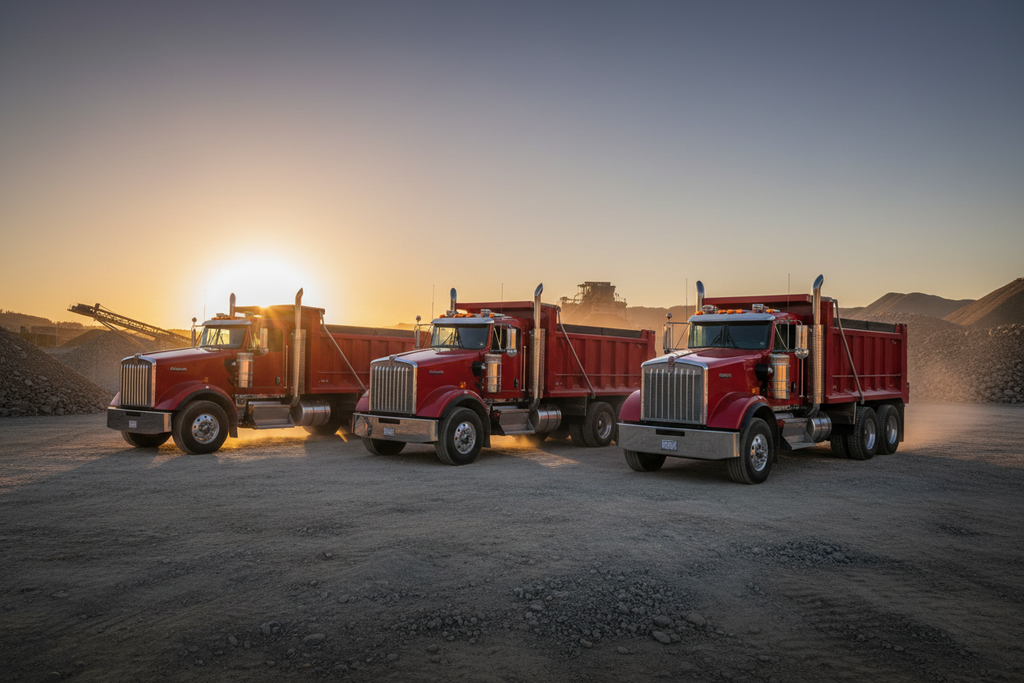 Three matching red W900 Kenworth dump trucks in fleet formation
