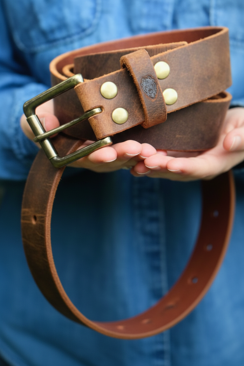 Full length view of rugged distressed leather belt