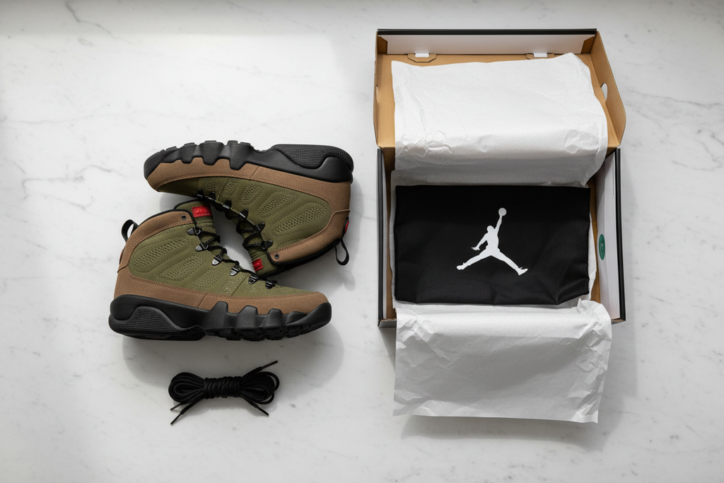 Nike Air Jordan 9 Boot Olive - Unboxing Flat Lay