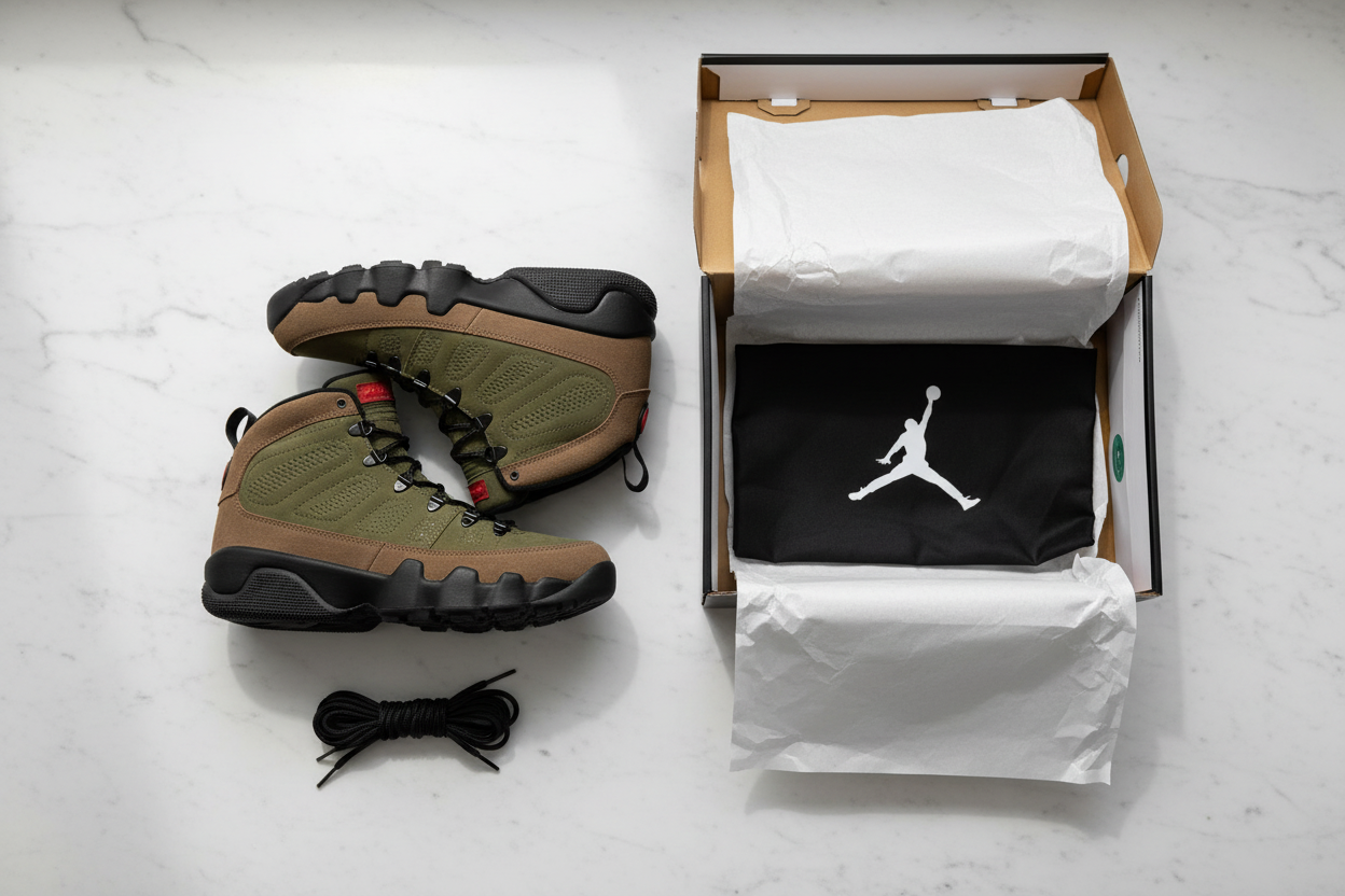Nike Air Jordan 9 Boot Olive - Unboxing Flat Lay