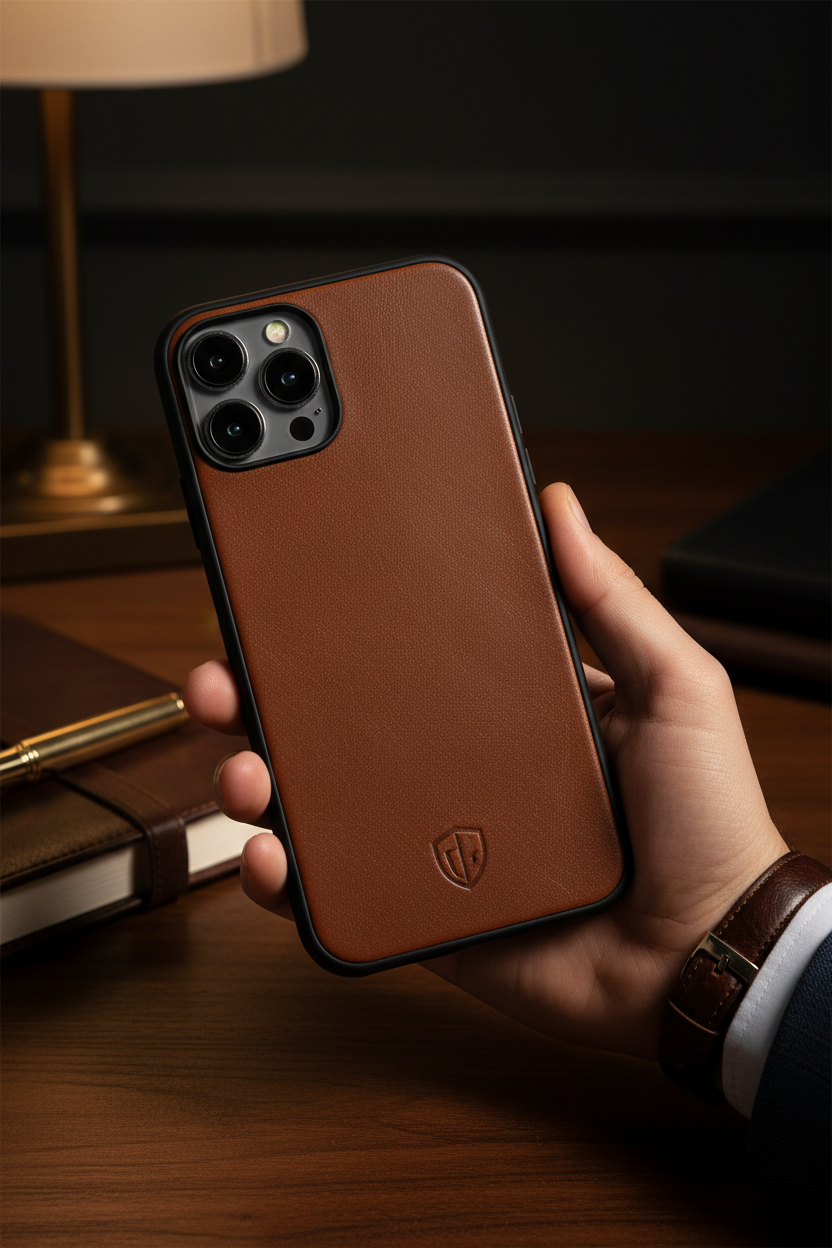 LANZO'S COLLECTION Brown Leather iPhone 17 Case — lifestyle portrait