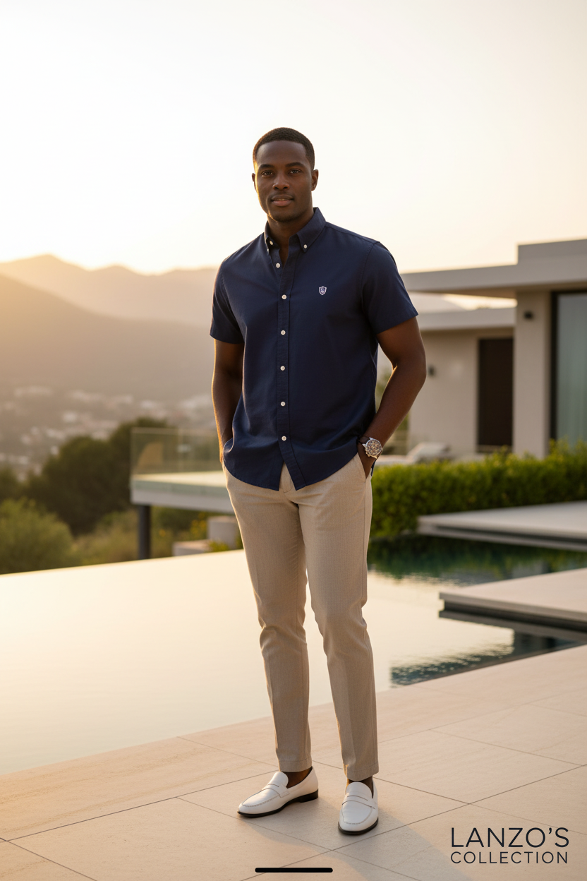 LC Shield Short Sleeve Oxford Shirt in Navy Blue – Lifestyle Campaign Shot
