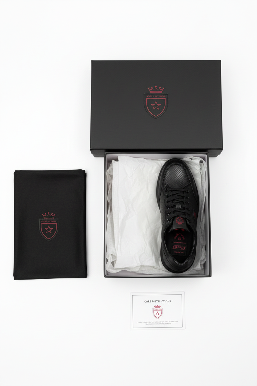 Black Snake Material Sneaker - Complete Unboxing Package with Red Crowned Shield Logo