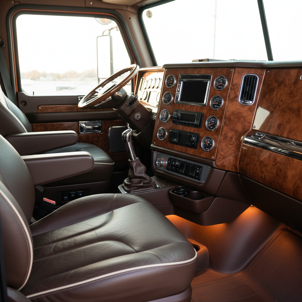 W900 Kenworth premium cab interior with leather seats and chrome accents