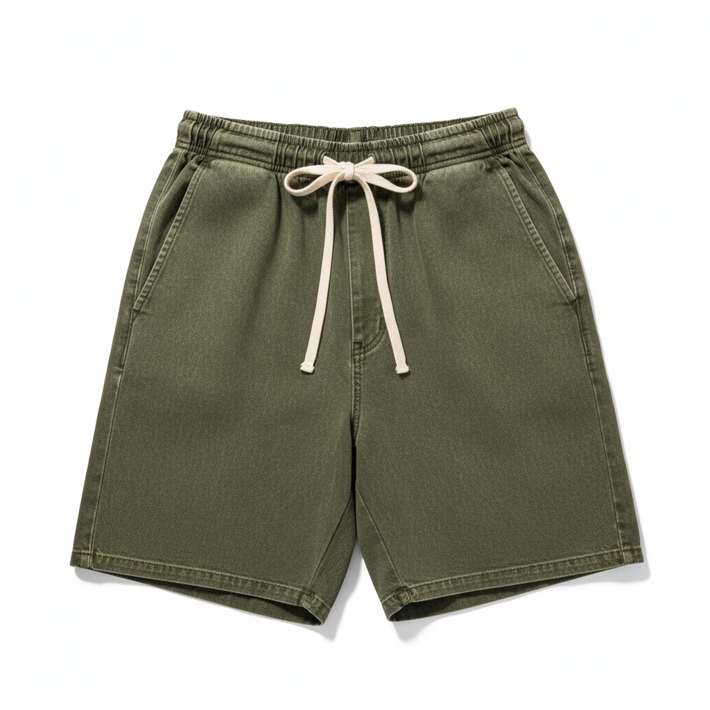 Men's olive green retro washed casual drawstring shorts