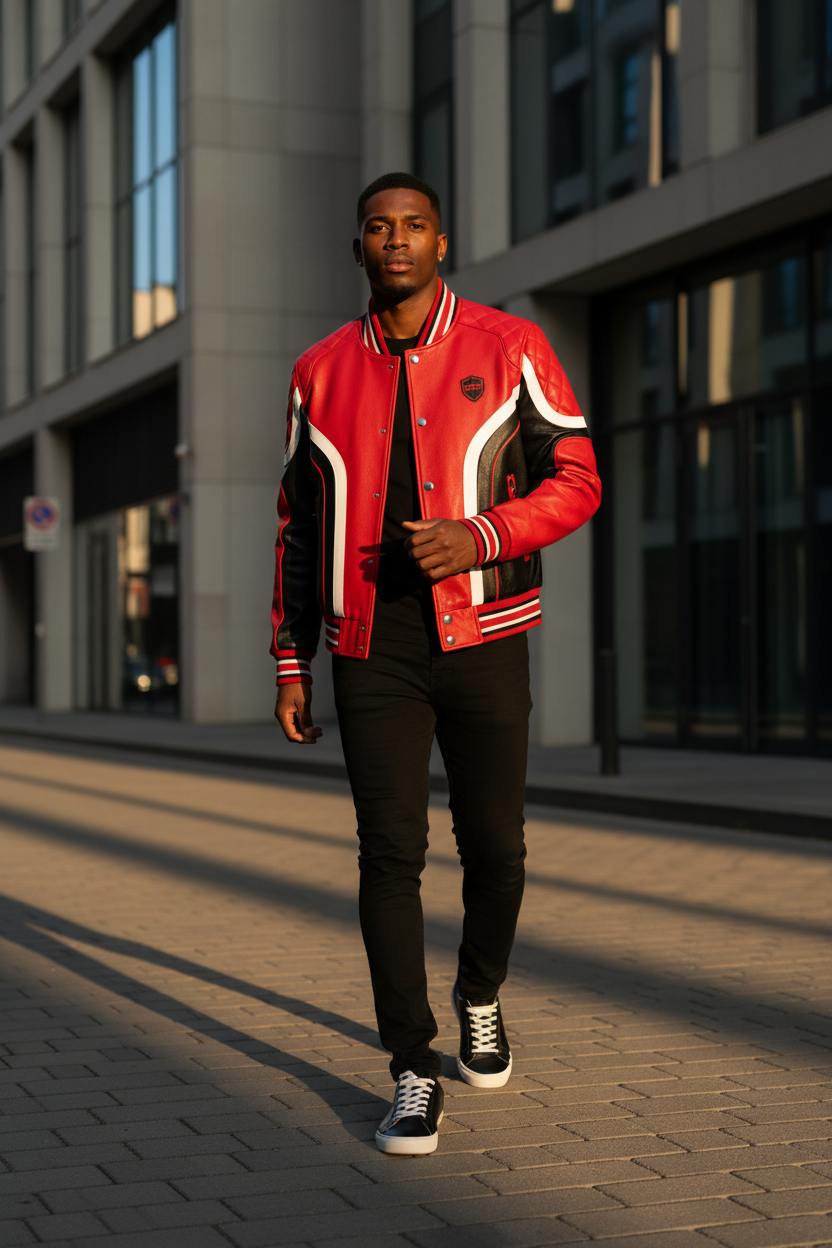 Male model wearing red and black varsity racing jacket