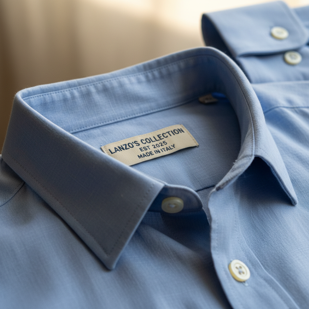 LANZO'S COLLECTION Powder Blue Linen Long Sleeve Shirt — collar tag detail
