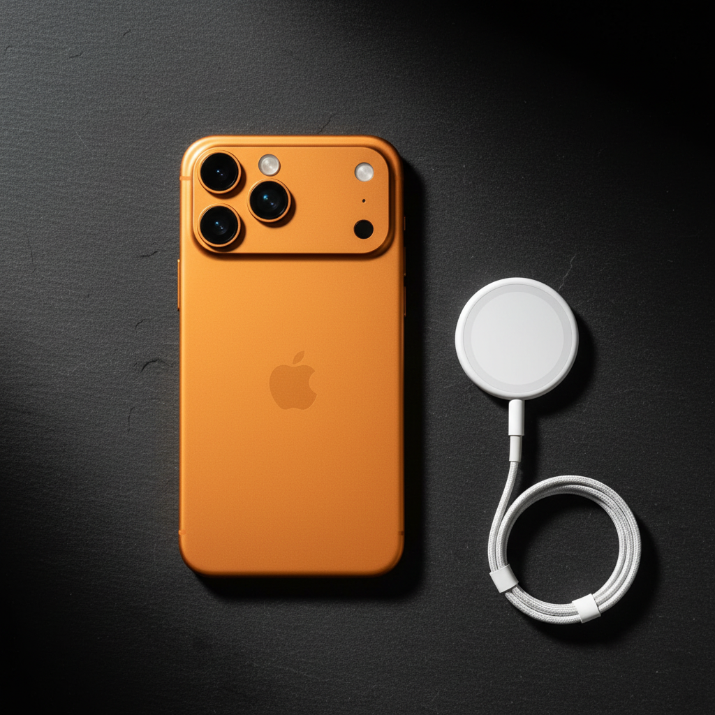 iPhone 17 Pro Orange Titanium — premium flat lay