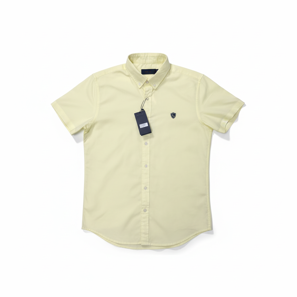 LC Shield Short Sleeve Oxford Shirt in Yellow – Hero Studio Shot