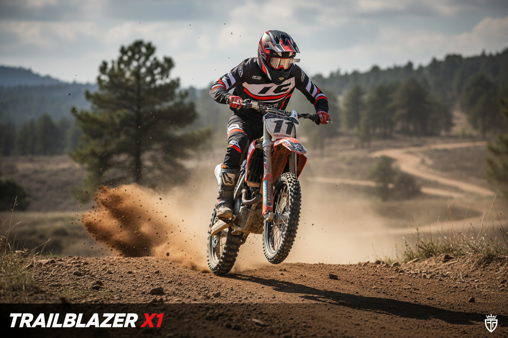 Action shot of trail riding with motocross helmet