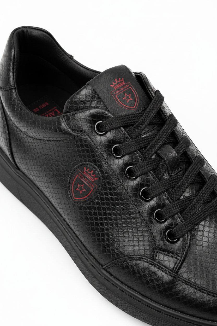 Black Snake Material Sneaker - Craftsmanship Detail with Red Logo and Tags