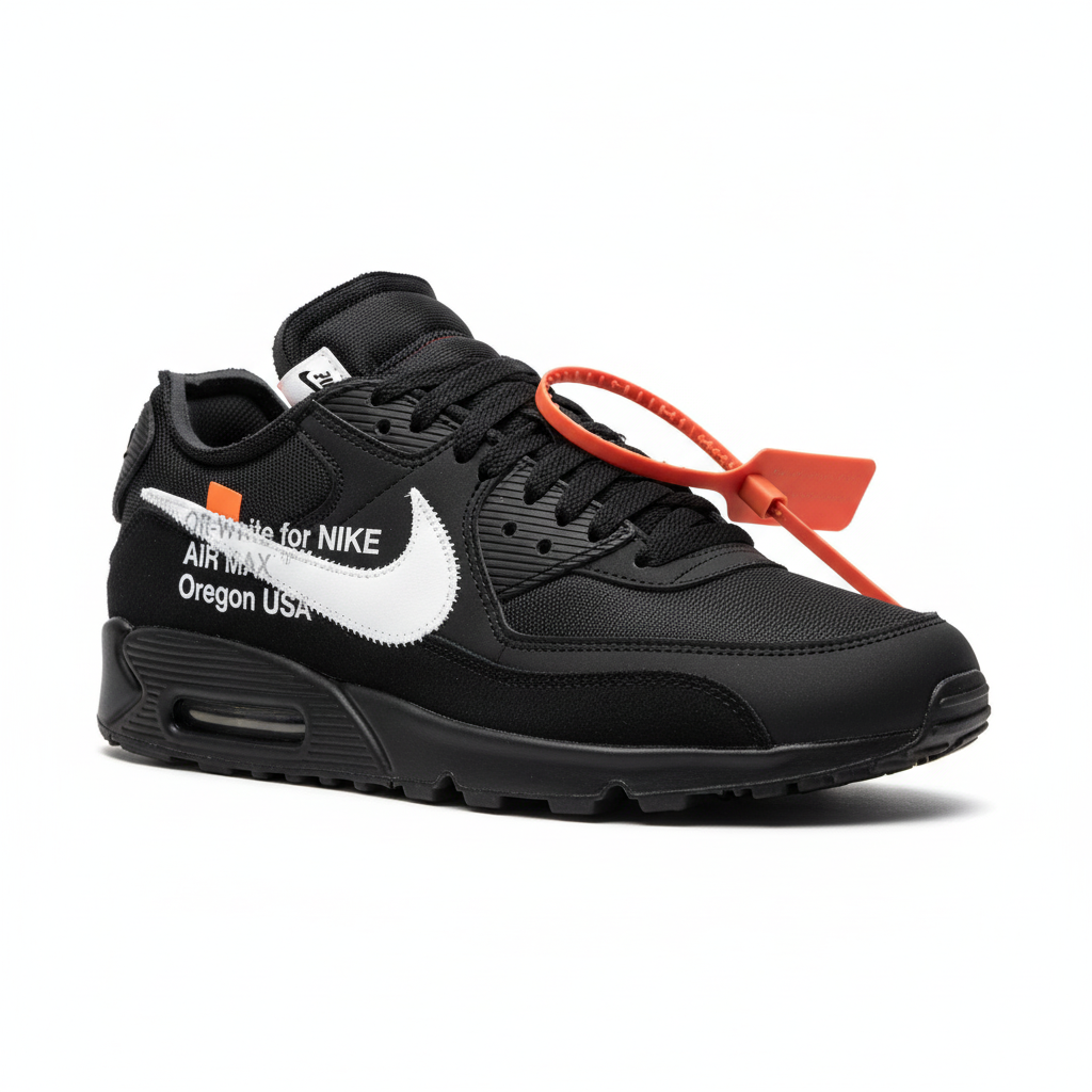 Off-White x Nike Air Max 90 Black clean studio shot on white background