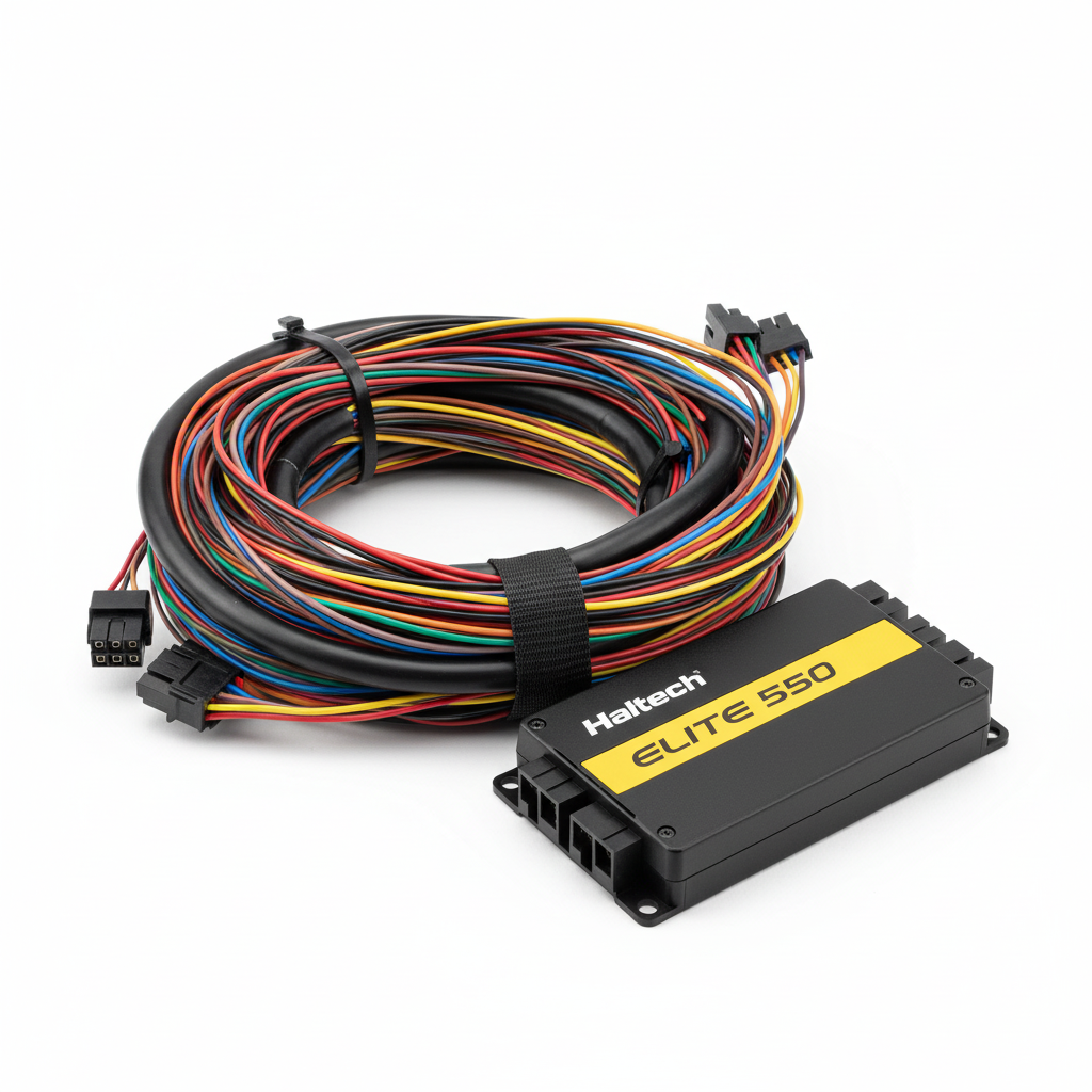 Haltech Elite 550 ECU with wire-in harness kit on white background