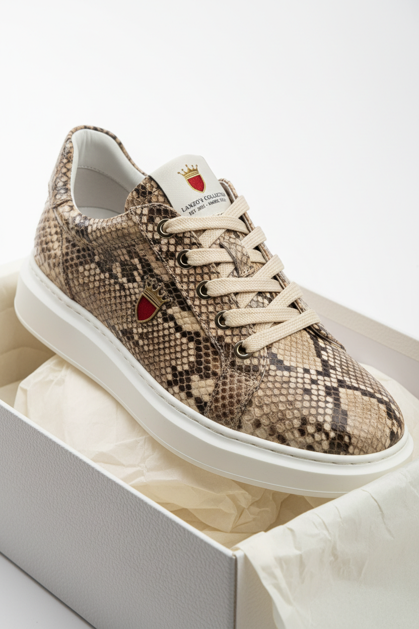 Premium Snake Material Sneaker with Laces - Neutral Beige in Luxury Packaging - LANZO'S COLLECTION