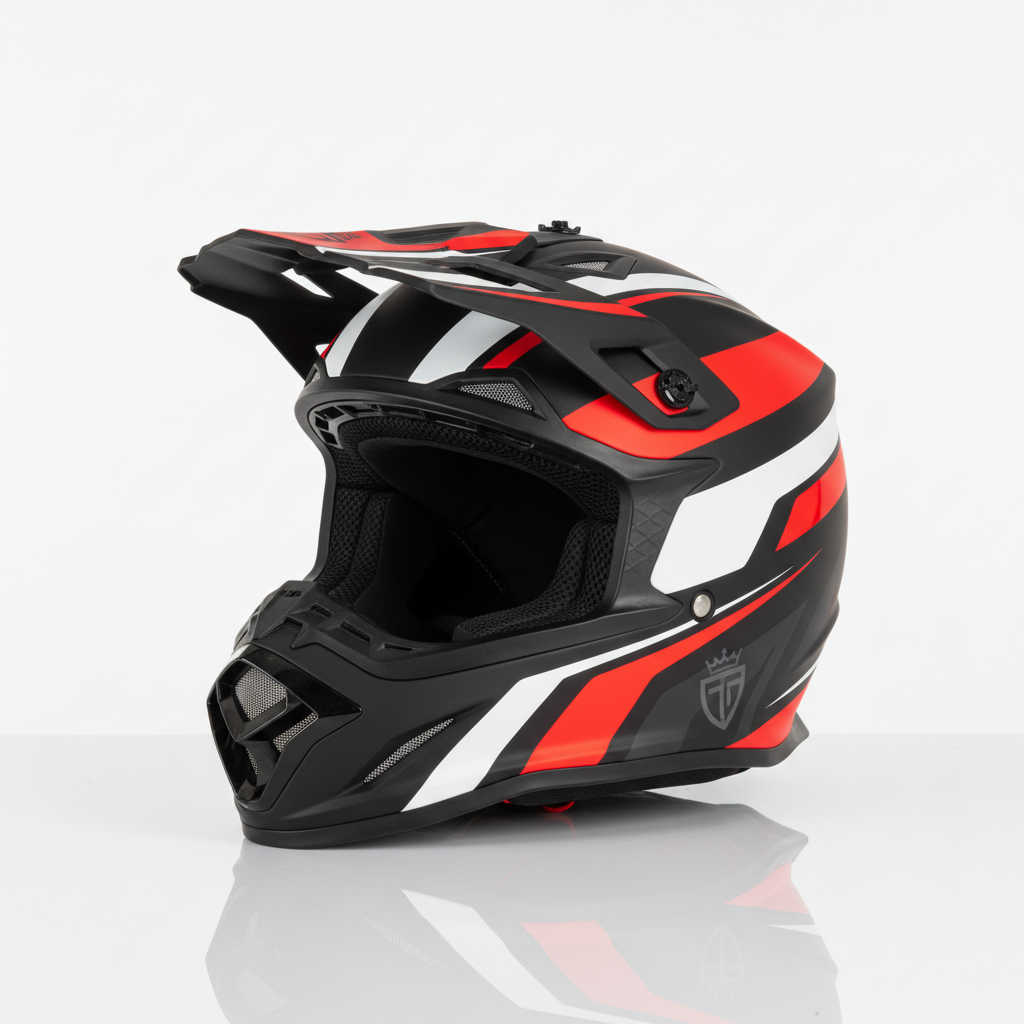 Premium motocross helmet in black, red, and white