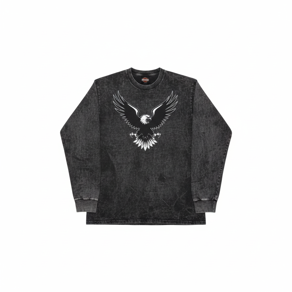 Vintage Acid-Wash Graphic Long Sleeve Tee – Flat Lay – LANZO'S COLLECTION