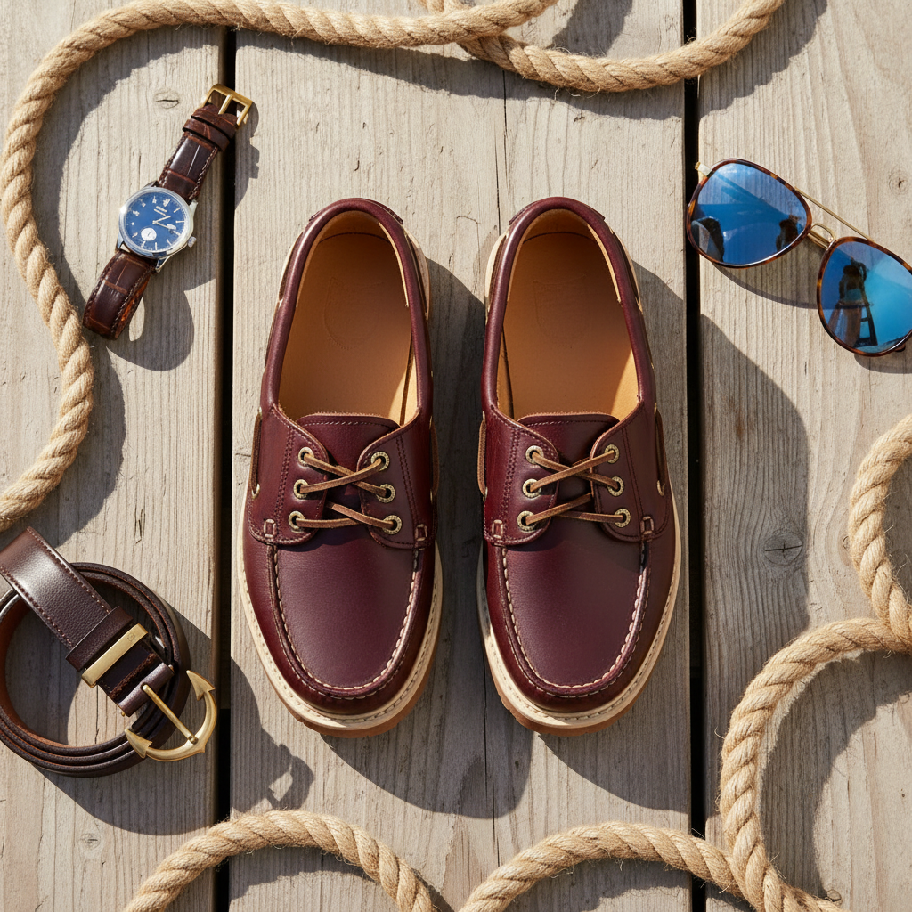 Burgundy Leather Boat Shoes - Social Media Flat Lay