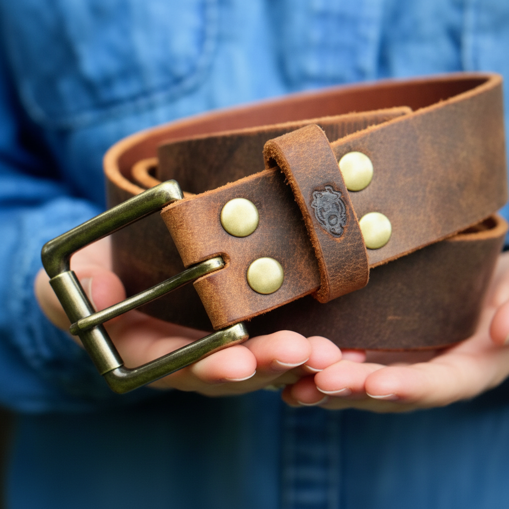 Detail shot of distressed leather texture and brass hardware