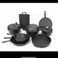 Pre-seasoned cast iron cookware set on white background