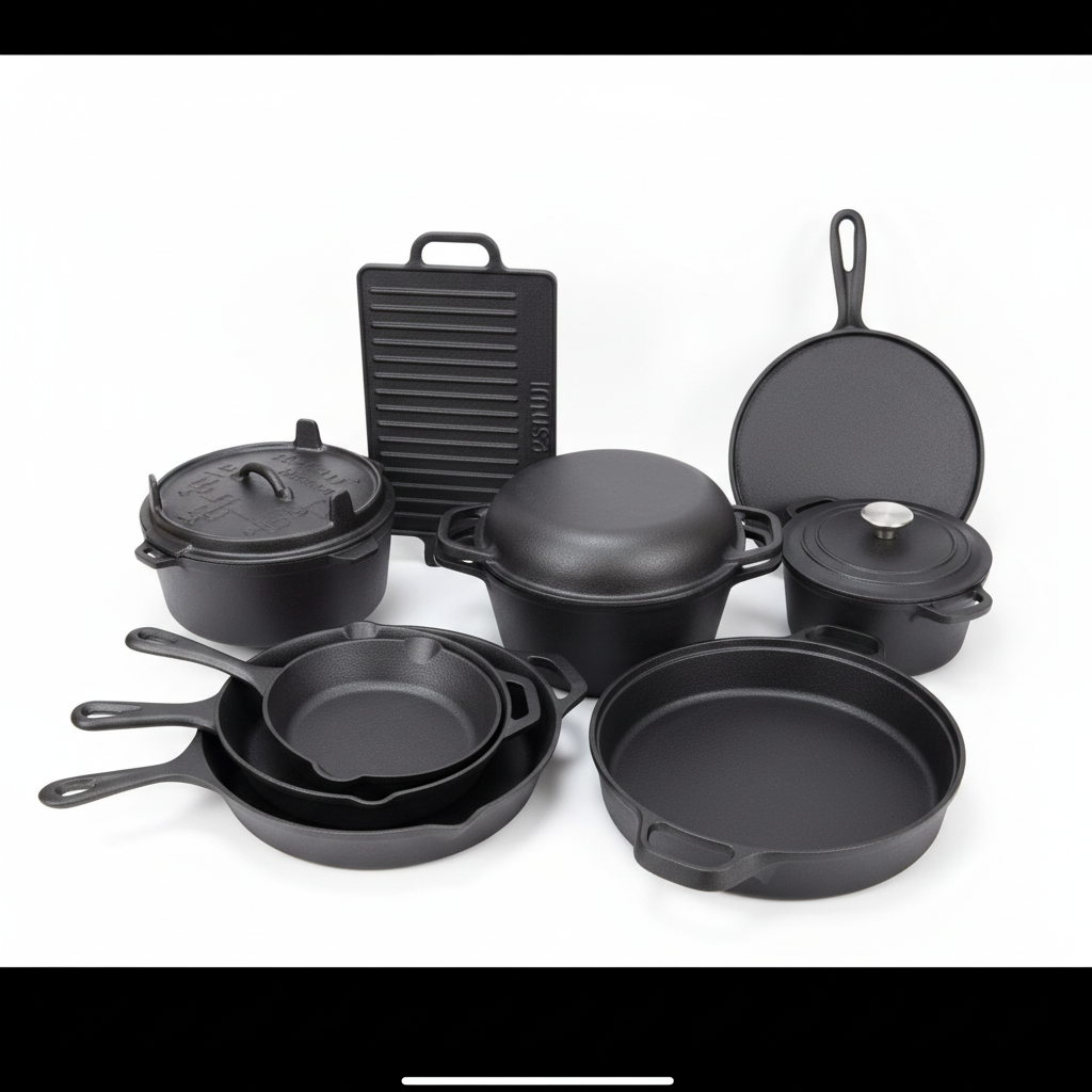Pre-seasoned cast iron cookware set on white background