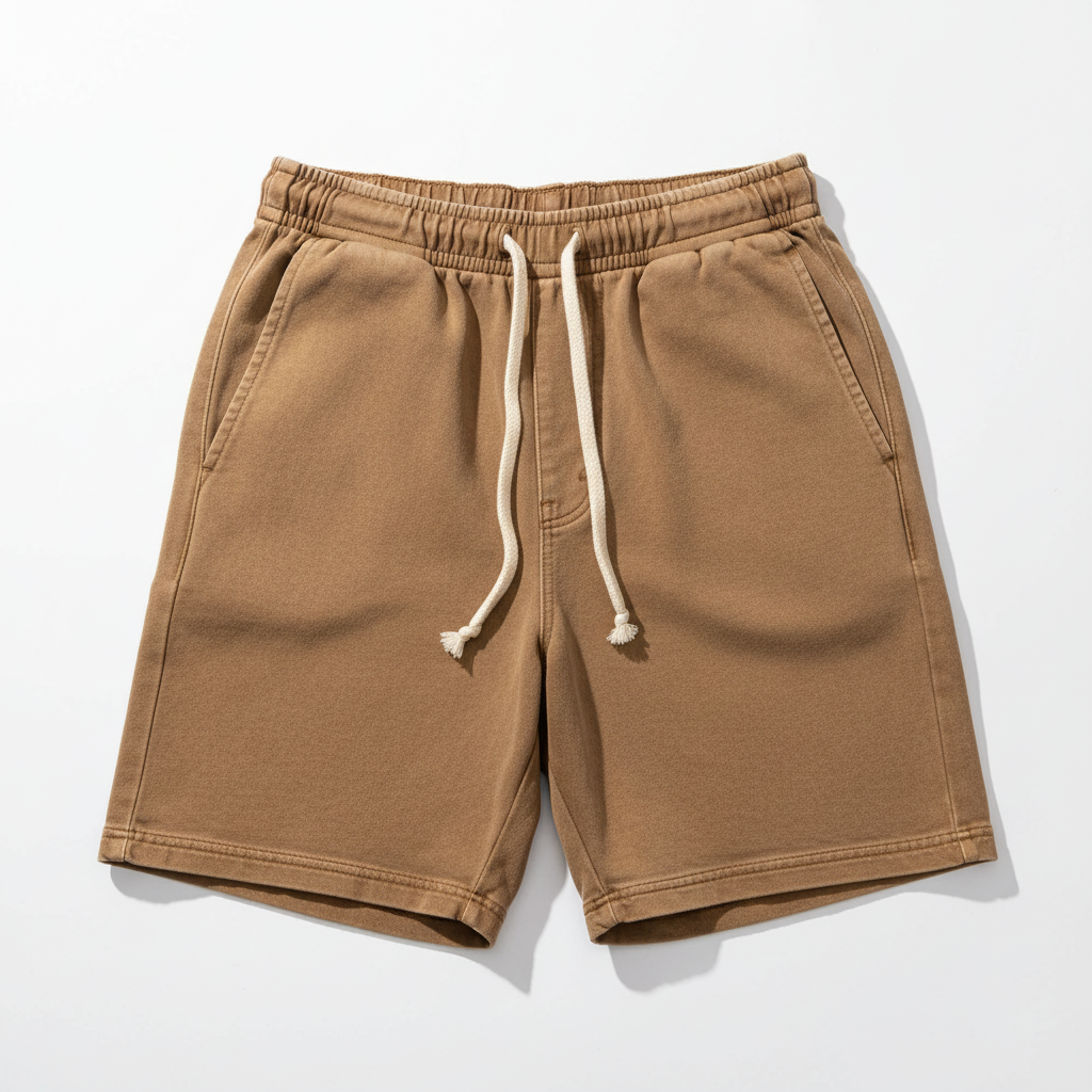 Men's tan brown retro washed casual drawstring shorts