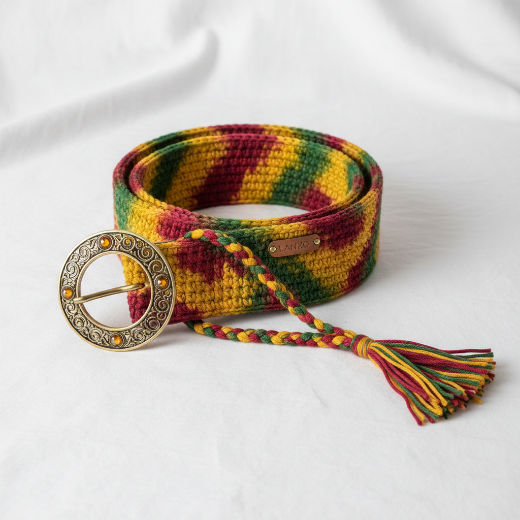 LANZO Handmade Crochet Belt - Red Gold Green Tie-Dye