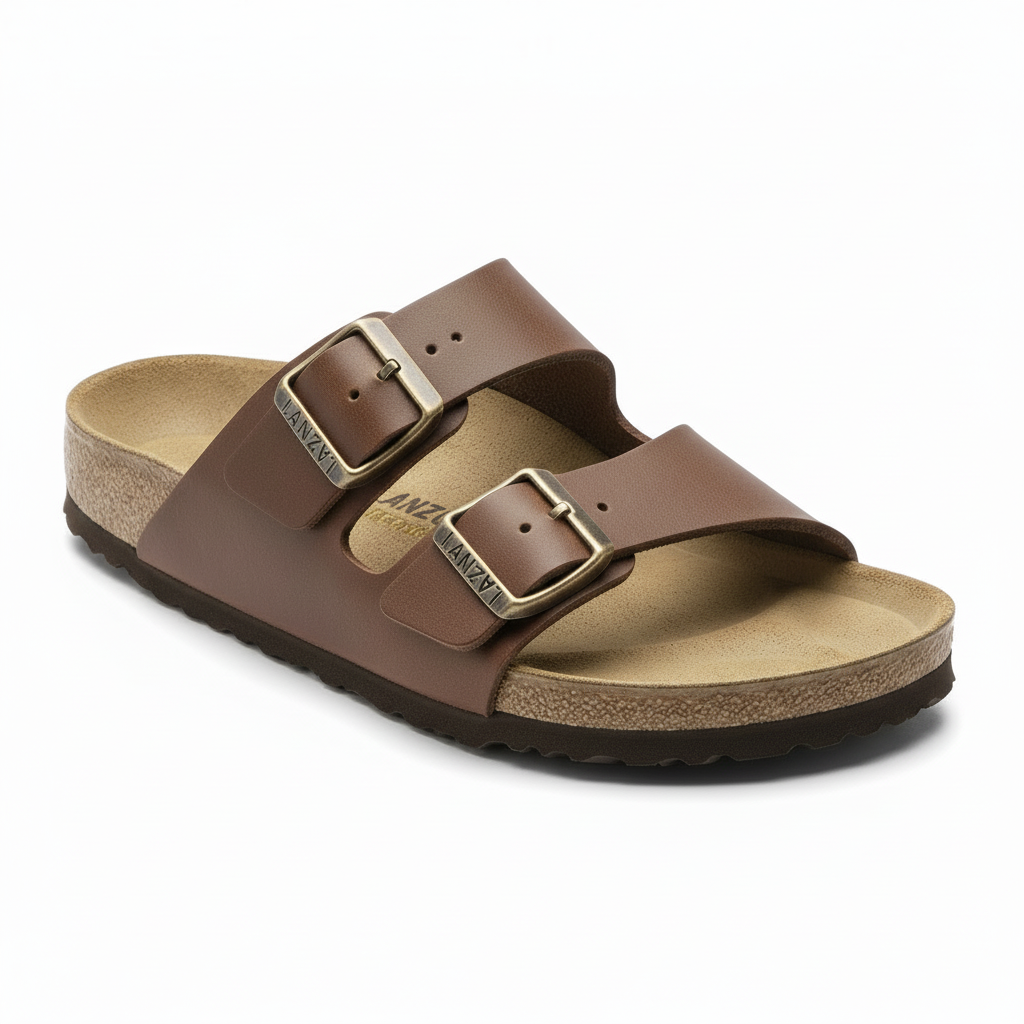 LANZO Brown Leather Buckle Sandals - Angle View