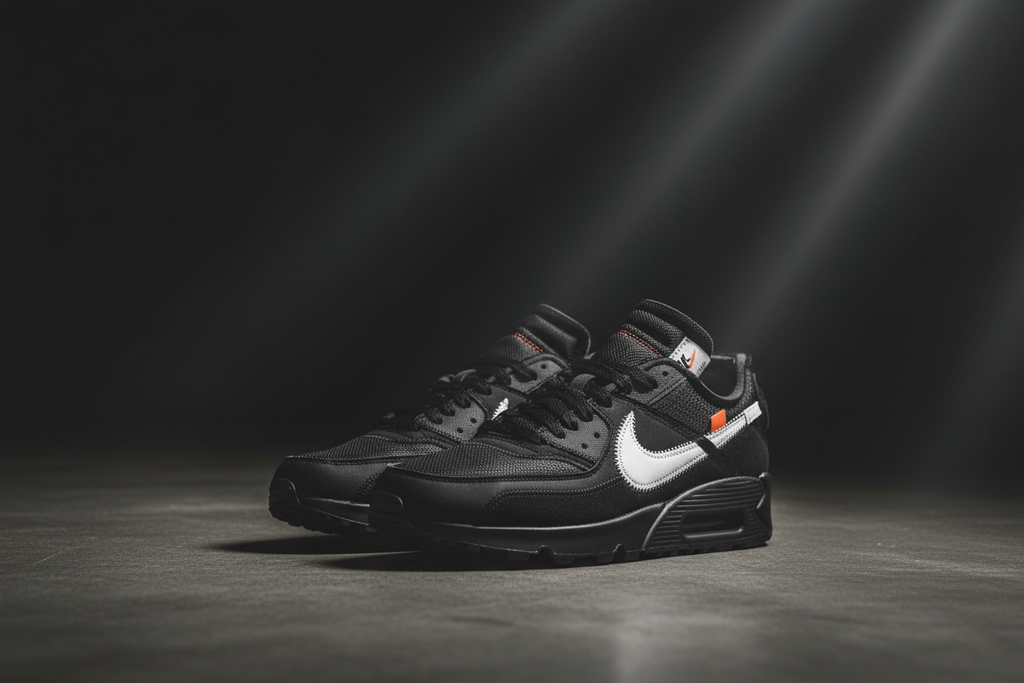Off-White x Nike Air Max 90 Black pair moody cinematic editorial