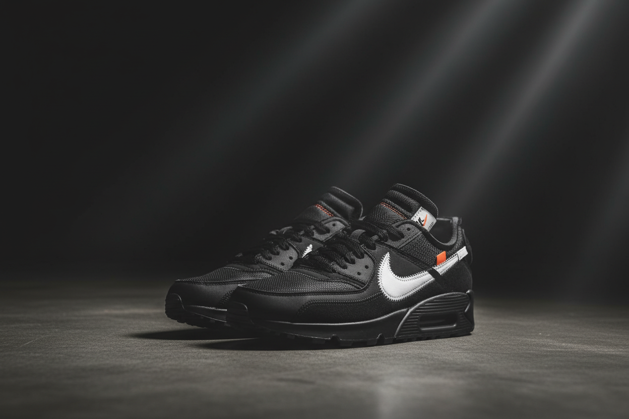 Off-White x Nike Air Max 90 Black pair moody cinematic editorial